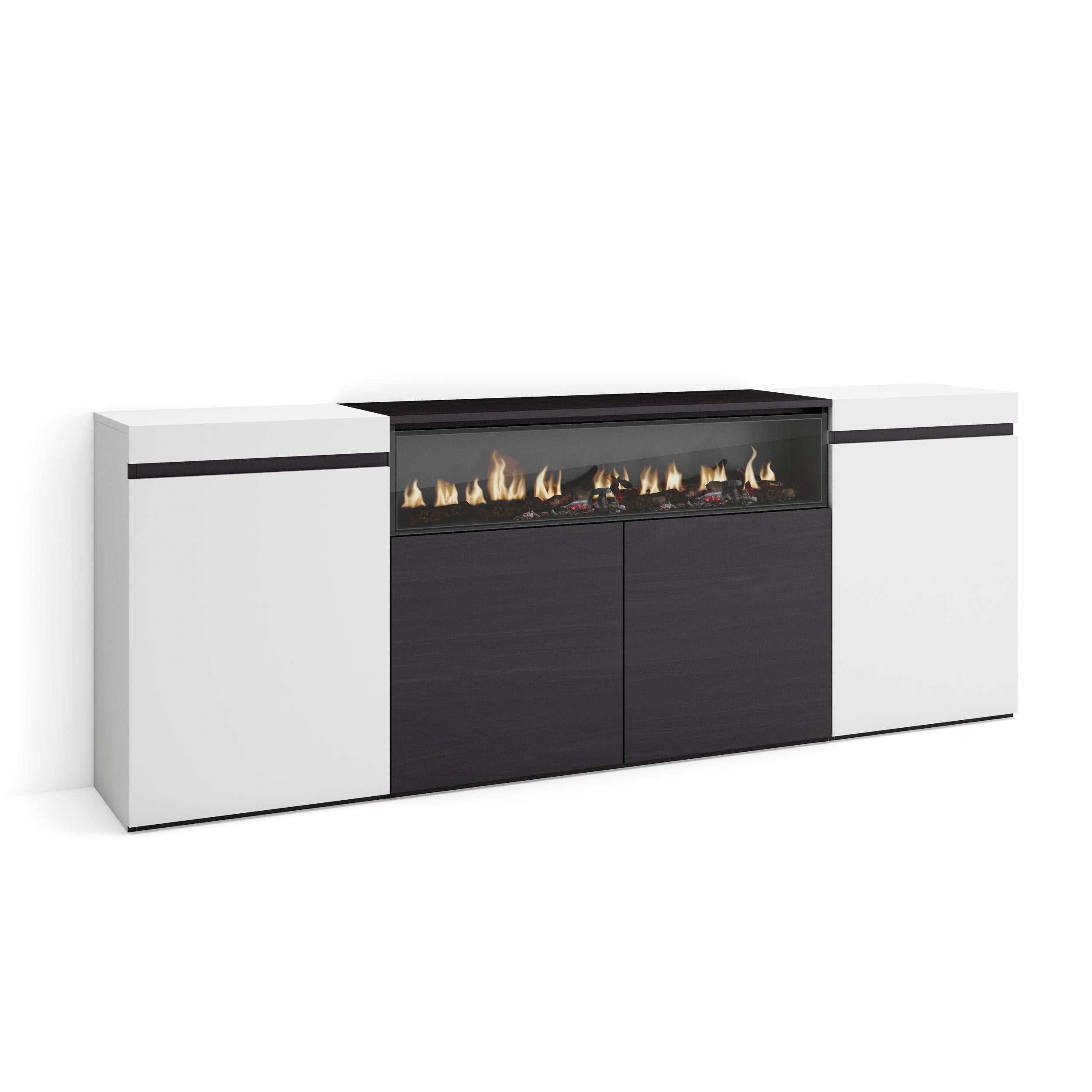 Credenza, Mobile soggiorno 200x75x35cm, 4 Porte, Camino elettrico, Stile moderno, Bianco e nero