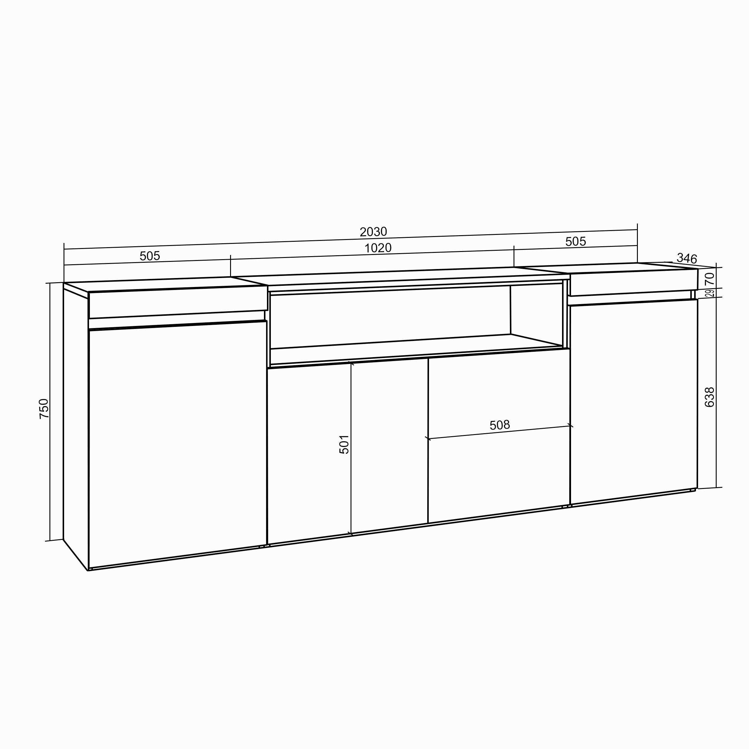 Credenza, Mobile soggiorno 200x75x35cm, 4 Porte, Camino elettrico, Stile moderno, Bianco e nero