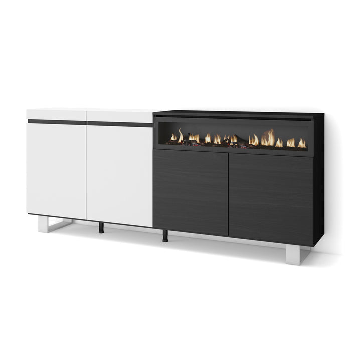 Credenza, Mobile, 200x35x87cm, 4 Porte, Camino elettrico, Design industriale, Bianco e nero RF2406