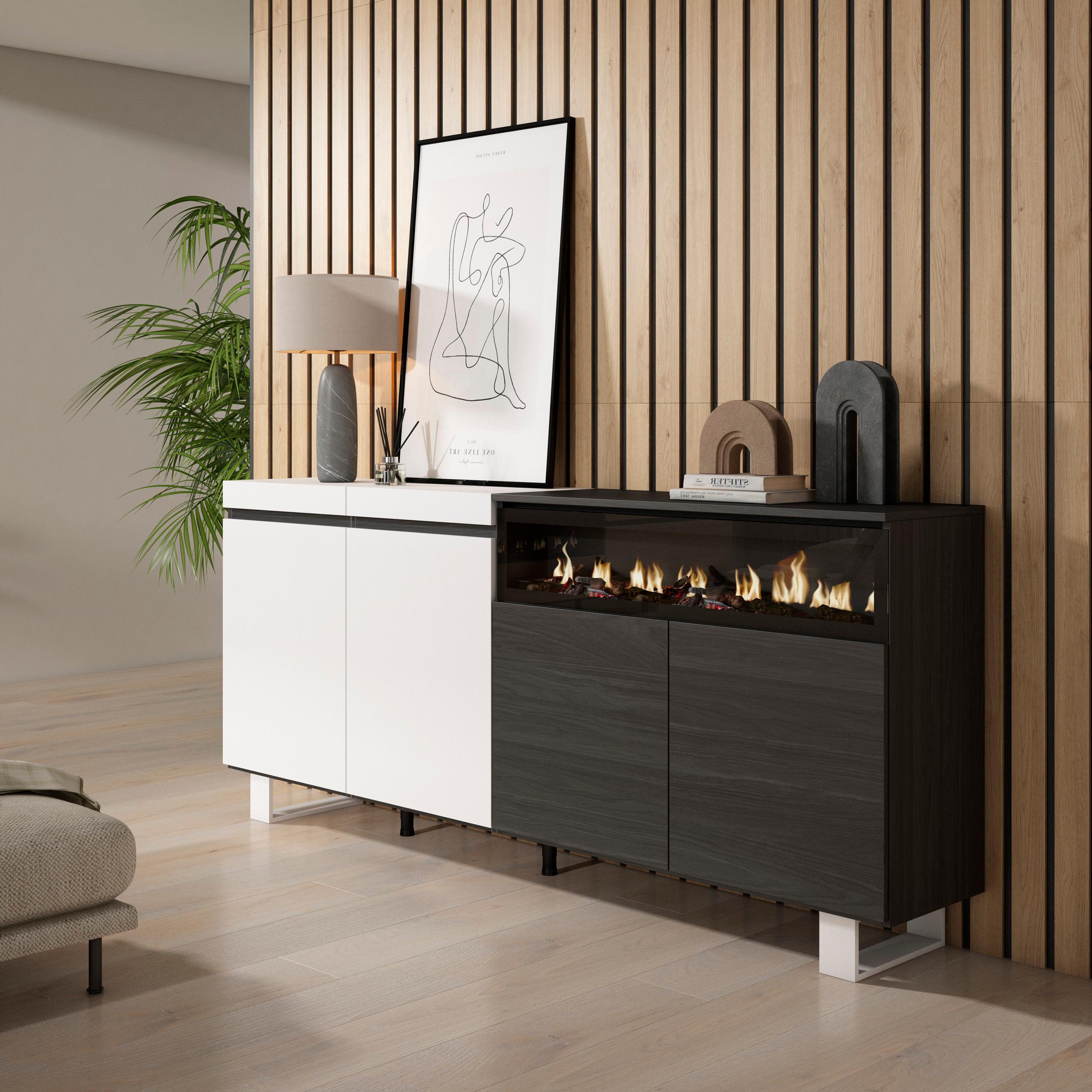 Credenza, Mobile, 200x35x87cm, 4 Porte, Camino elettrico, Design industriale, Bianco e nero RF2406