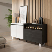 Credenza, Mobile, 200x35x87cm, 4 Porte, Camino elettrico, Design industriale, Bianco e nero RF2406