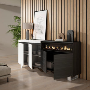 Credenza, Mobile, 200x35x87cm, 4 Porte, Camino elettrico, Design industriale, Bianco e nero RF2406