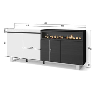 Credenza, Mobile, 200x35x87cm, 4 Porte, Camino elettrico, Design industriale, Bianco e nero RF2406