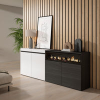 Credenza, Mobile Cucina 200x75x35cmcon 4 Porte Camino elettrico, Stile moderno colore Bianco e nero