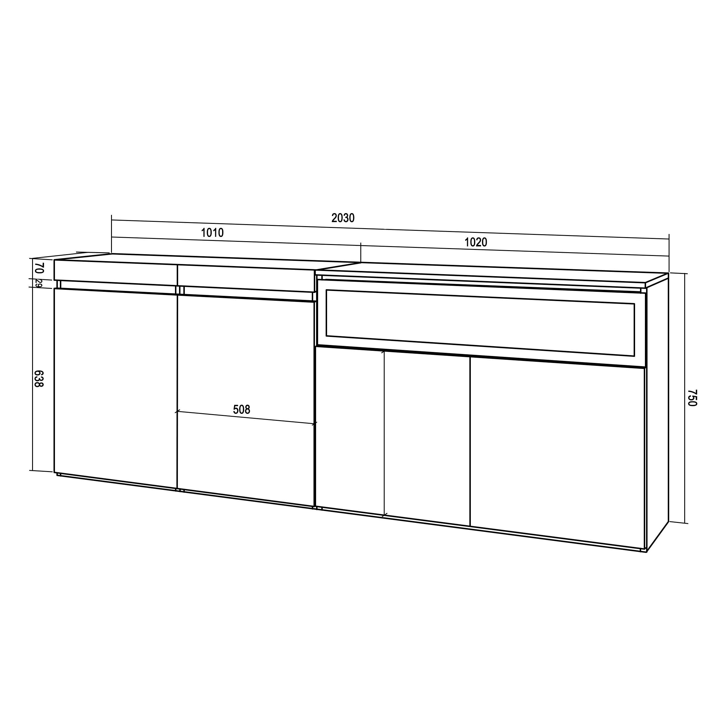 Credenza, Mobile Cucina 200x75x35cmcon 4 Porte Camino elettrico, Stile moderno colore Bianco e nero