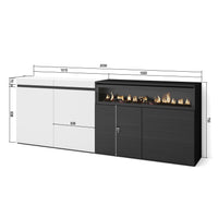 Credenza, Mobile Cucina 200x75x35cmcon 4 Porte Camino elettrico, Stile moderno colore Bianco e nero