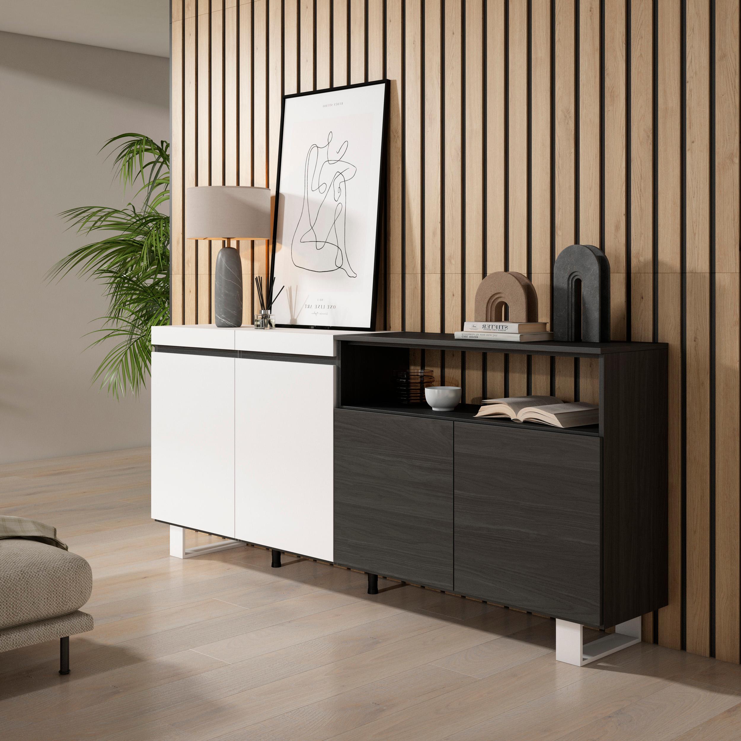 Credenza, Mobile, 200x35x87cm, 4 Porte, Design industriale, Bianco e nero RF2404