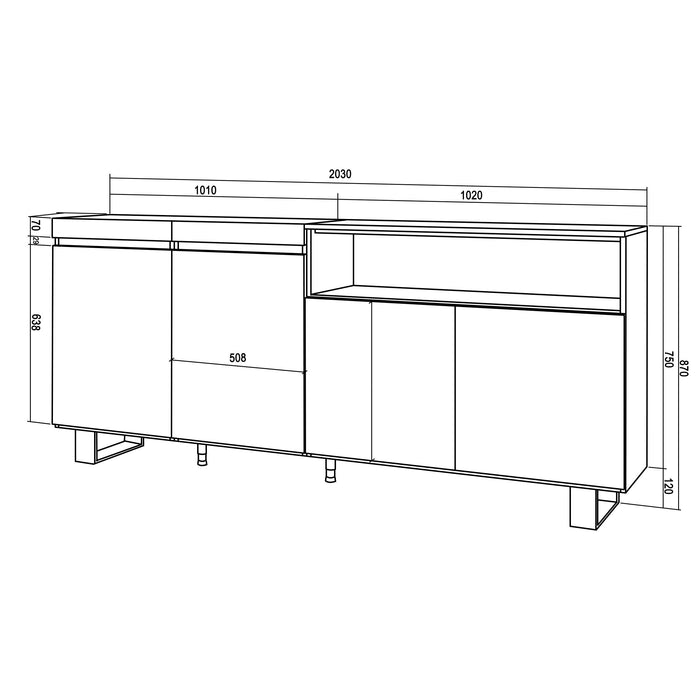 Credenza, Mobile, 200x35x87cm, 4 Porte, Design industriale, Bianco e nero RF2404