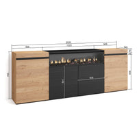 Credenza, Mobile, 200x35x75cm, 4 Porte, Camino elettrico, colore Rovere e nero RF2290