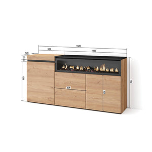 Credenza, Mobile, 150x35x75cm, 3 Porte, Camino elettrico, colore Rovere e nero RF2522