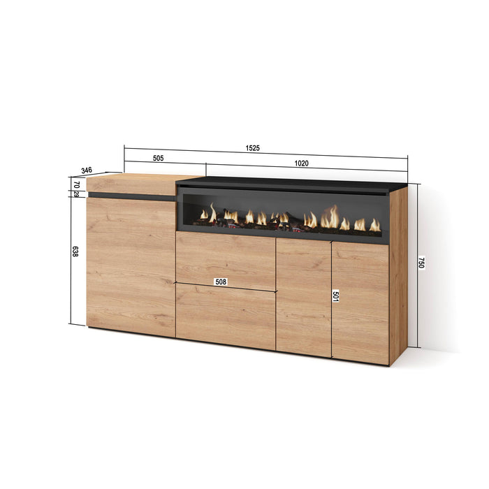 Credenza, Mobile, 150x35x75cm, 3 Porte, Camino elettrico, colore Rovere e nero RF2522