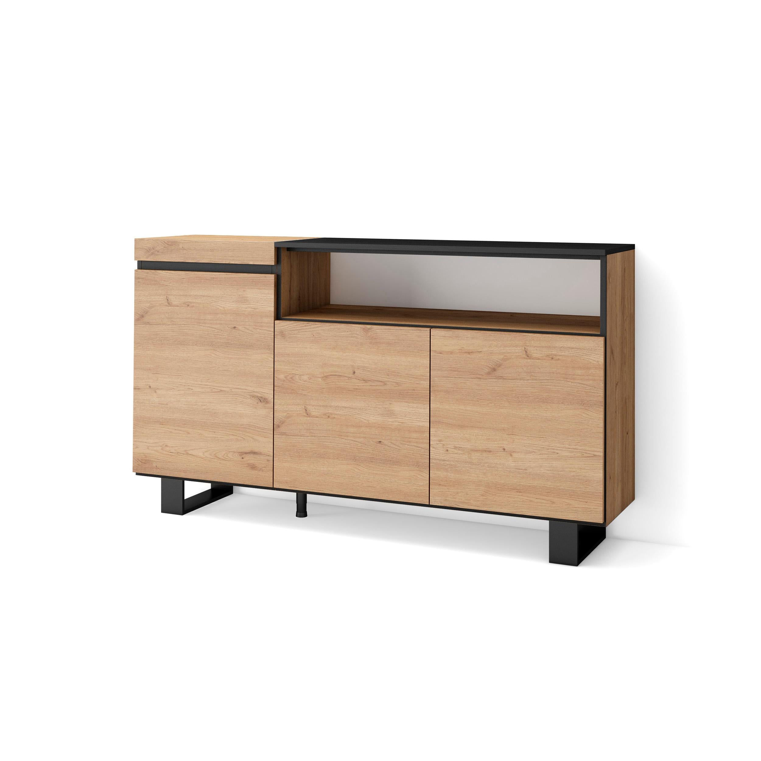 Credenza, Mobile soggiorno 150x87x35cm, 3 Porte, Design industriale, Stile moderno, Rovere e nero