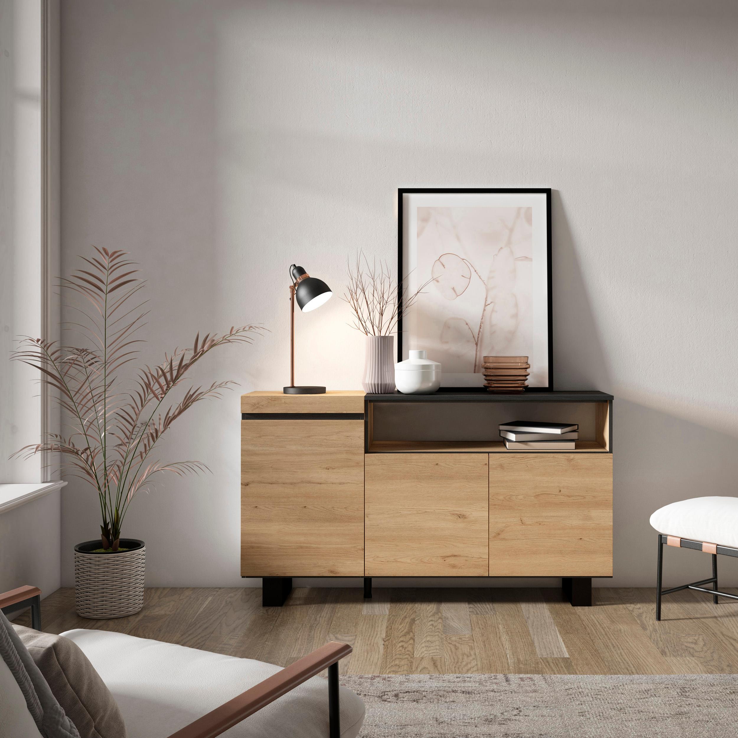 Credenza, Mobile soggiorno 150x87x35cm, 3 Porte, Design industriale, Stile moderno, Rovere e nero