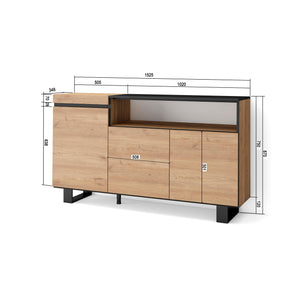 Credenza, Mobile soggiorno 150x87x35cm, 3 Porte, Design industriale, Stile moderno, Rovere e nero