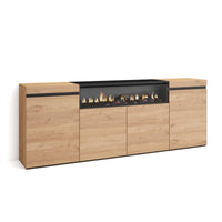 Credenza, Mobile soggiorno 200x75x35cm, 4 Porte, Camino elettrico, Stile moderno, Rovere e nero