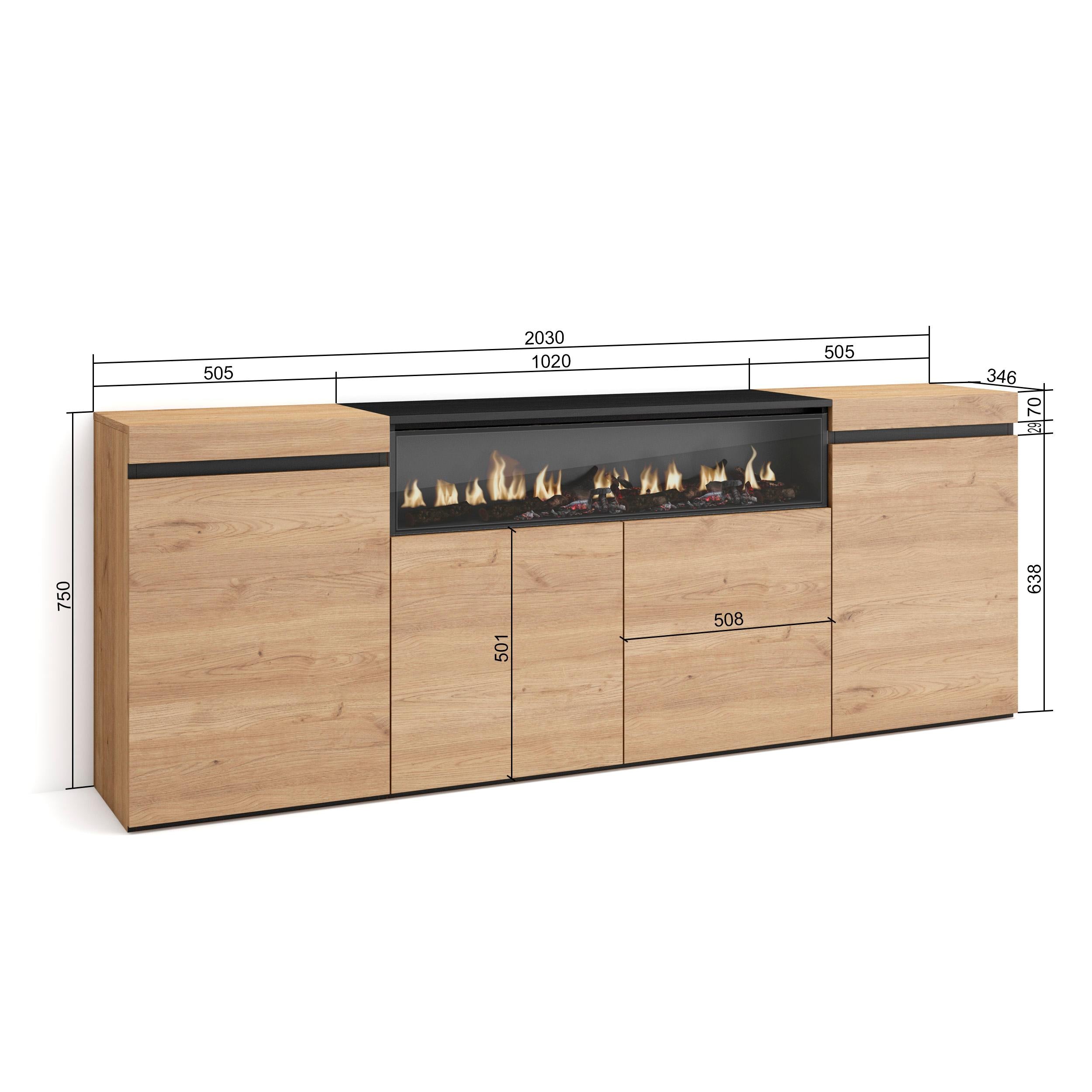 Credenza, Mobile soggiorno 200x75x35cm, 4 Porte, Camino elettrico, Stile moderno, Rovere e nero