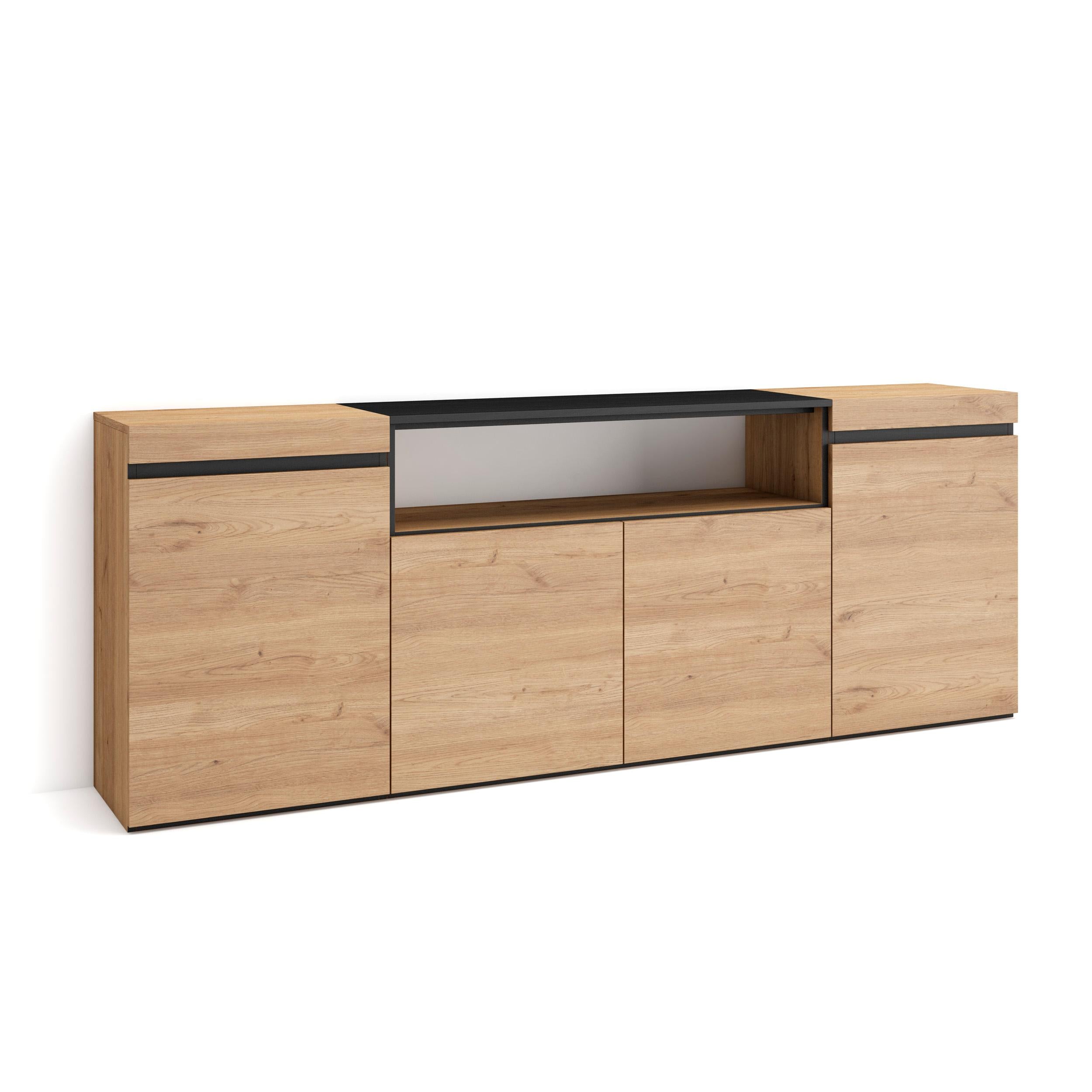 Credenza, Mobile soggiorno 200x75x35cm, 4 Porte, grande stoccaggio, Stile moderno colore Rovere e nero