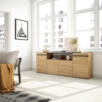 Credenza, Mobile soggiorno 200x75x35cm, 4 Porte, grande stoccaggio, Stile moderno colore Rovere e nero