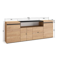 Credenza, Mobile soggiorno 200x75x35cm, 4 Porte, grande stoccaggio, Stile moderno colore Rovere e nero