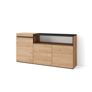 Credenza, Mobile soggiorno 150x75x35cm, 3 Porte, grande stoccaggio, Stile moderno, Rovere e nero