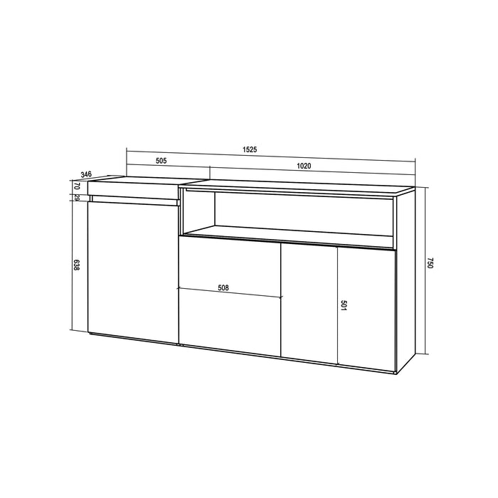 Credenza, Mobile soggiorno 150x75x35cm, 3 Porte, grande stoccaggio, Stile moderno, Rovere e nero