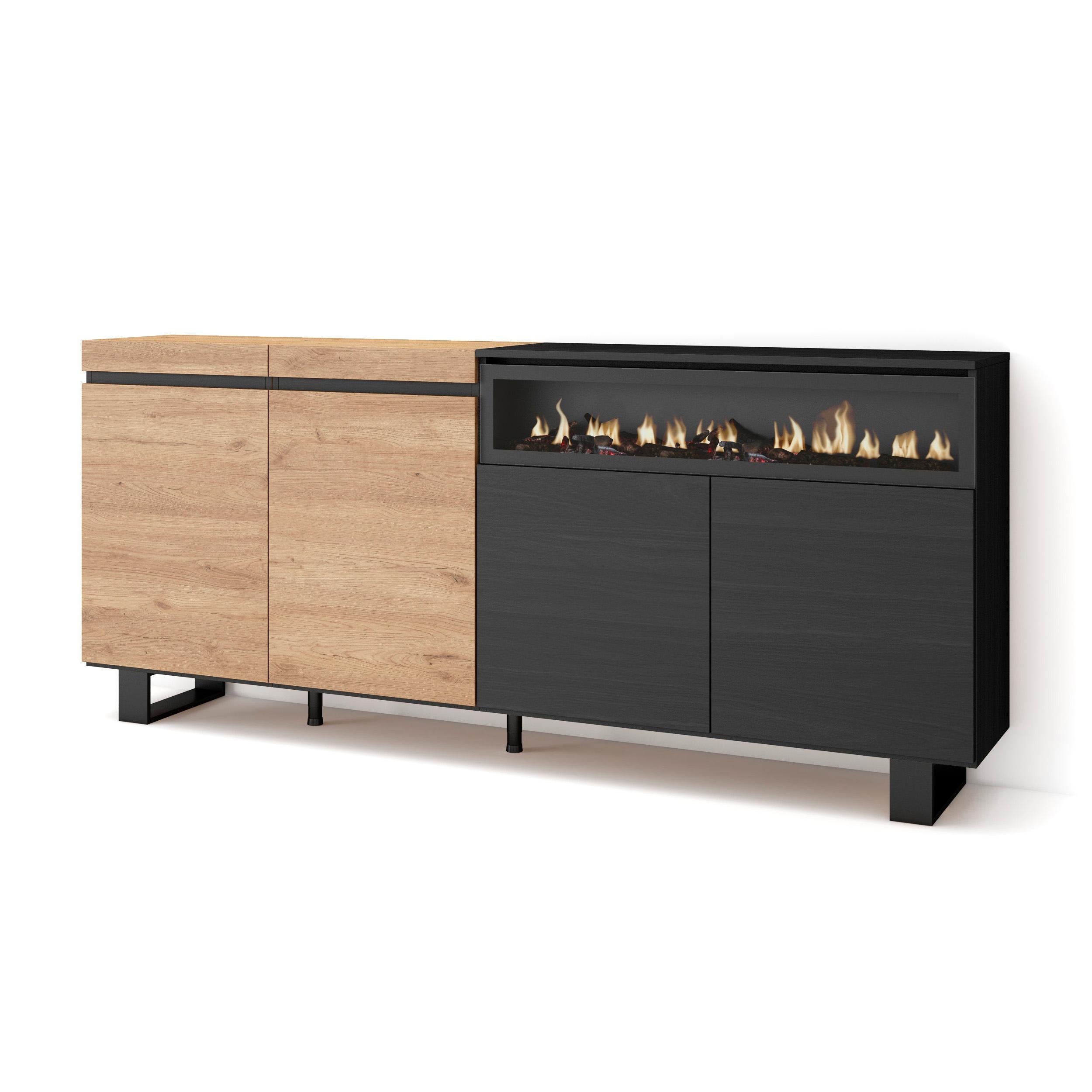 Credenza Mobile Cucina, Madia, mobile ingresso, 200x87x35cm, 4 Porte con Camino elettrico colore Rovere e nero