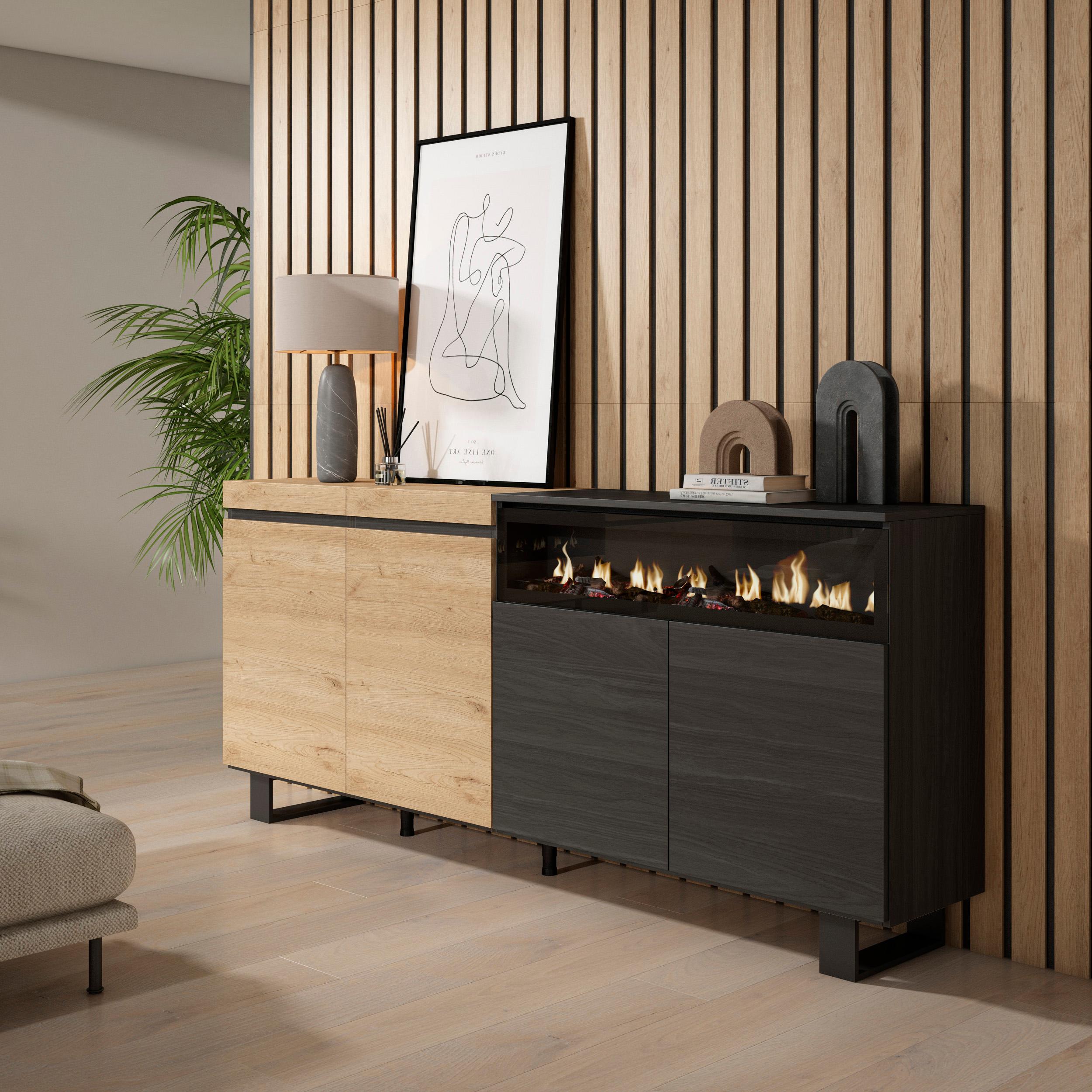 Credenza Mobile Cucina, Madia, mobile ingresso, 200x87x35cm, 4 Porte con Camino elettrico colore Rovere e nero