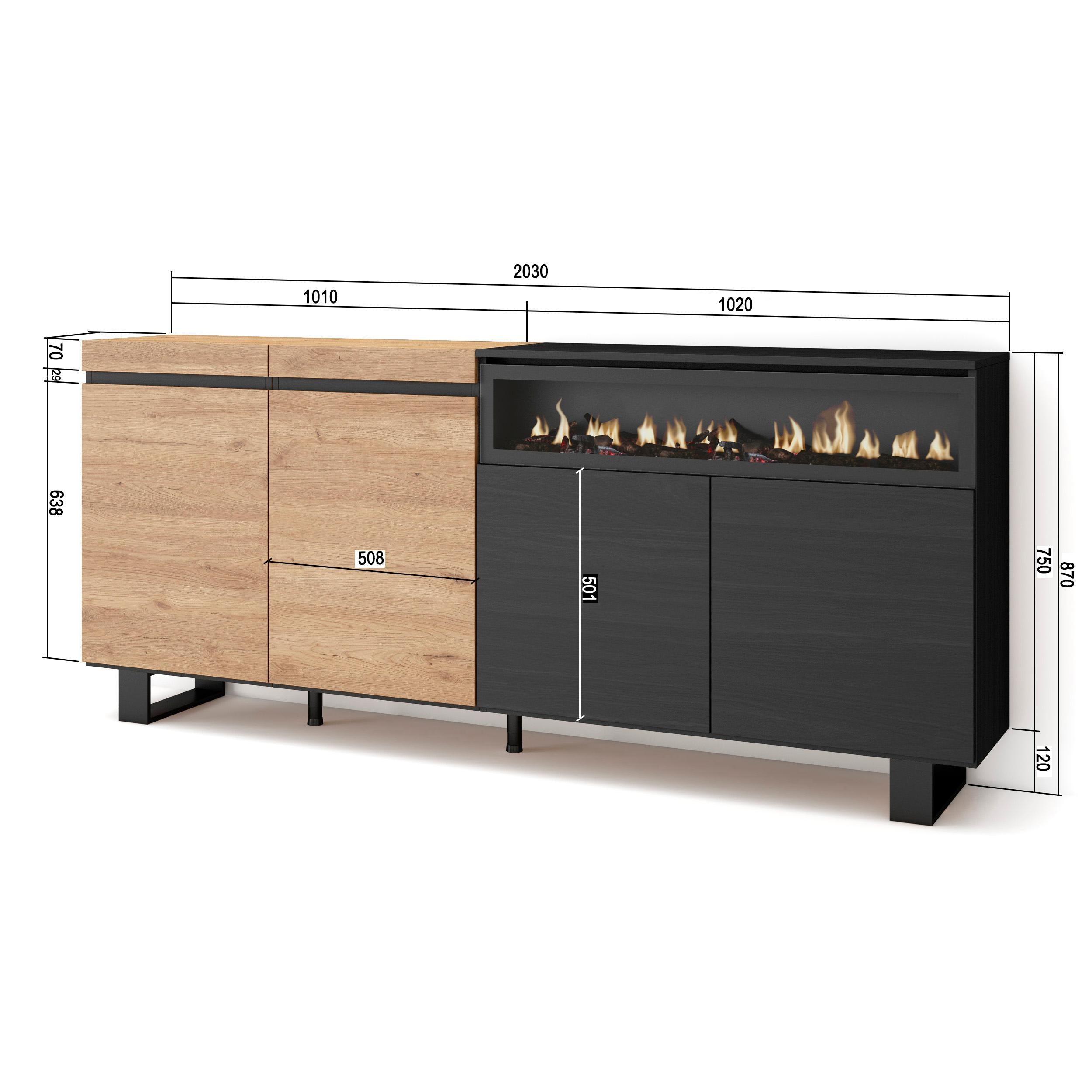 Credenza Mobile Cucina, Madia, mobile ingresso, 200x87x35cm, 4 Porte con Camino elettrico colore Rovere e nero