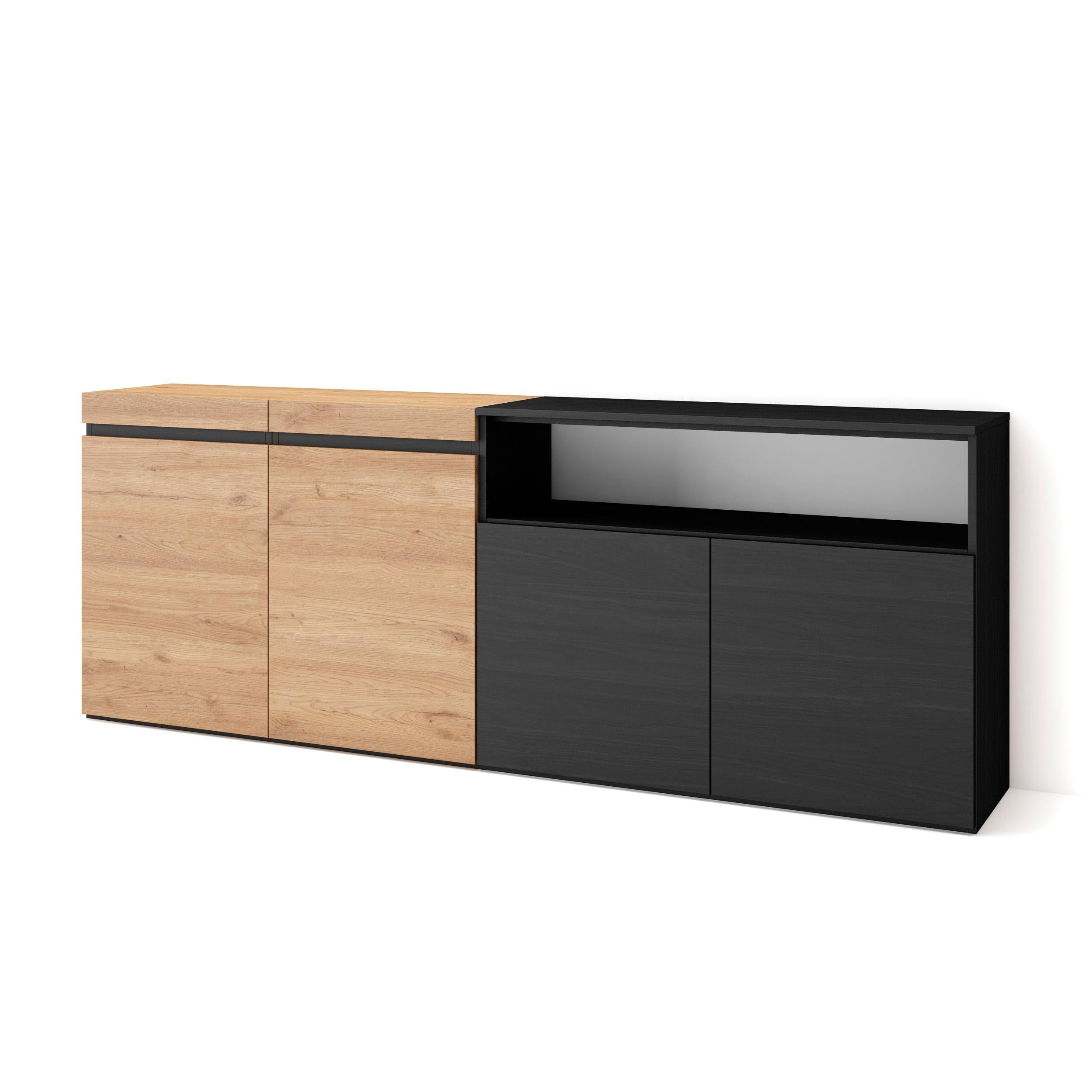 Credenza, Mobile, 200x35x75cm, 4 Porte, grande stoccaggio, colore Rovere e nero RF2379