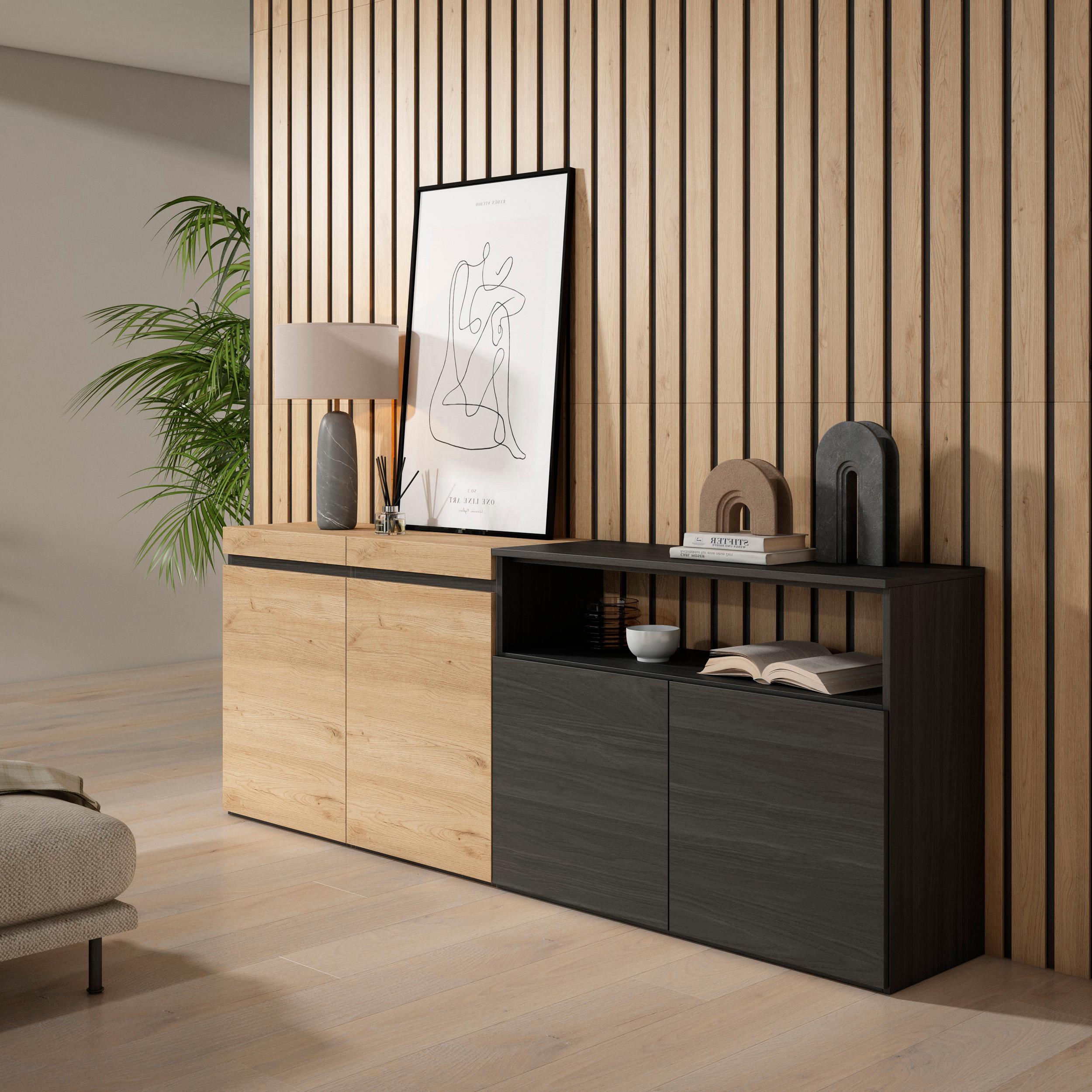 Credenza, Mobile, 200x35x75cm, 4 Porte, grande stoccaggio, colore Rovere e nero RF2379