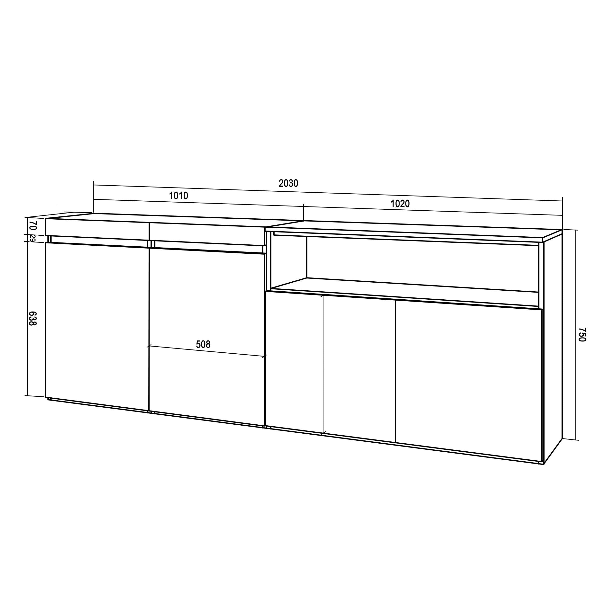 Credenza, Mobile, 200x35x75cm, 4 Porte, grande stoccaggio, colore Rovere e nero RF2379