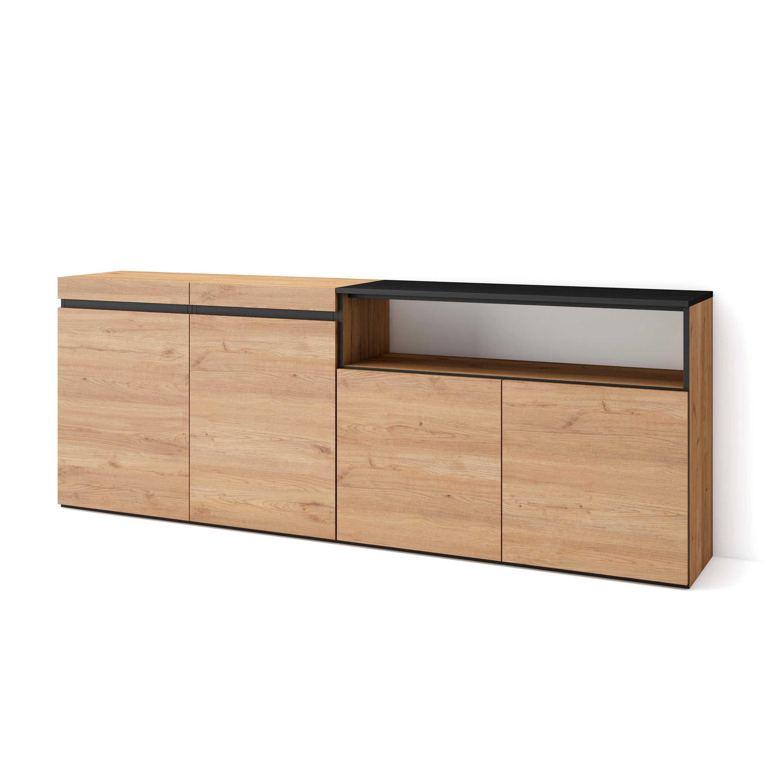 Credenza, Mobile, 200x35x75cm, 4 Porte, grande stoccaggio, colore Rovere e nero RF2316