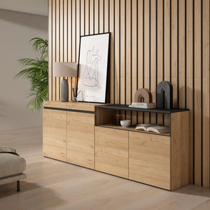 Credenza, Mobile, 200x35x75cm, 4 Porte, grande stoccaggio, colore Rovere e nero RF2316