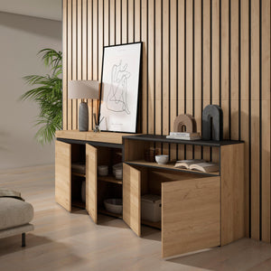 Credenza, Mobile, 200x35x75cm, 4 Porte, grande stoccaggio, colore Rovere e nero RF2316