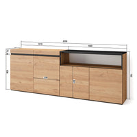 Credenza, Mobile, 200x35x75cm, 4 Porte, grande stoccaggio, colore Rovere e nero RF2316