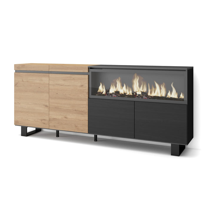 Credenza, Mobile, Cucina, 210, 4 Porte, Camino elettrico XXL, Design industriale, Rovere e nero RF3224