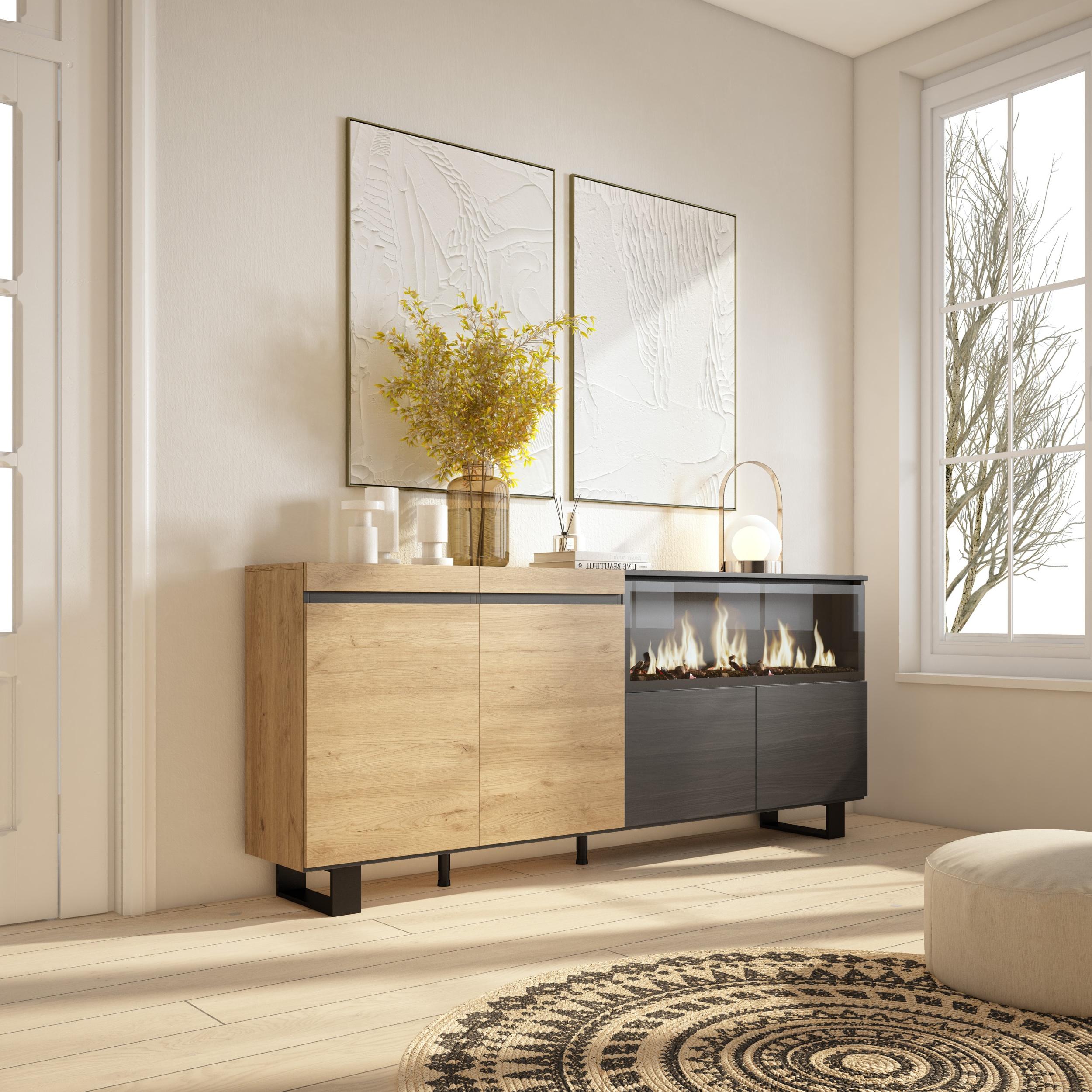 Credenza, Mobile, Cucina, 210, 4 Porte, Camino elettrico XXL, Design industriale, Rovere e nero RF3224