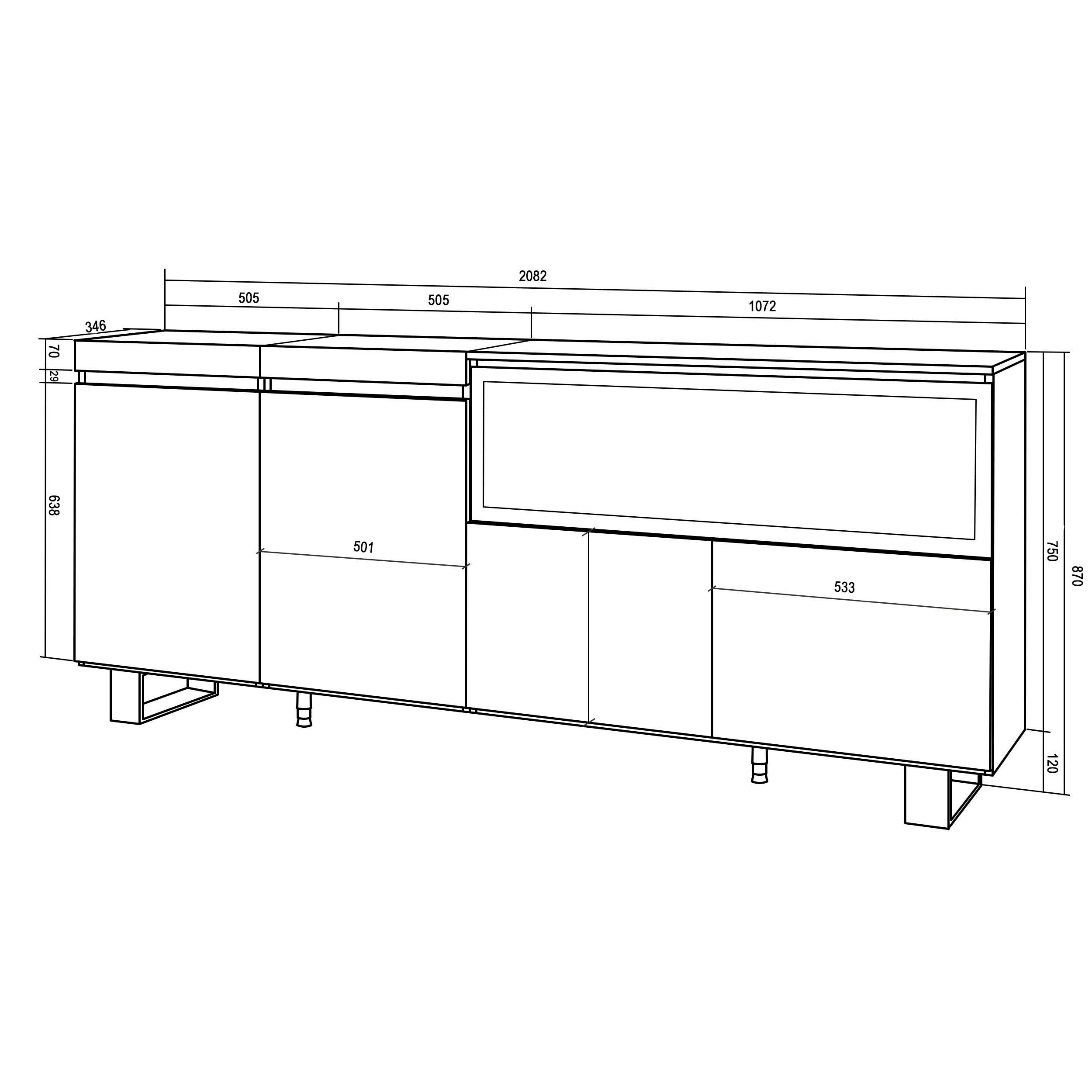 Credenza, Mobile, Cucina, 210, 4 Porte, Camino elettrico XXL, Design industriale, Rovere e nero RF3224