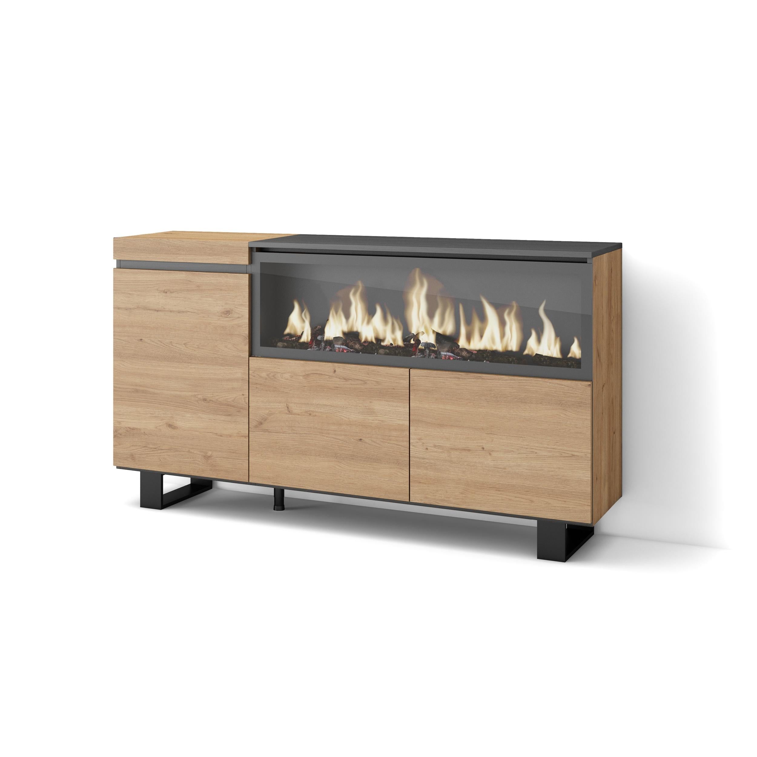 Credenza, Mobile, Cucina, 160, 3 Porte, Camino elettrico XXL, Design industriale, Rovere RF3293