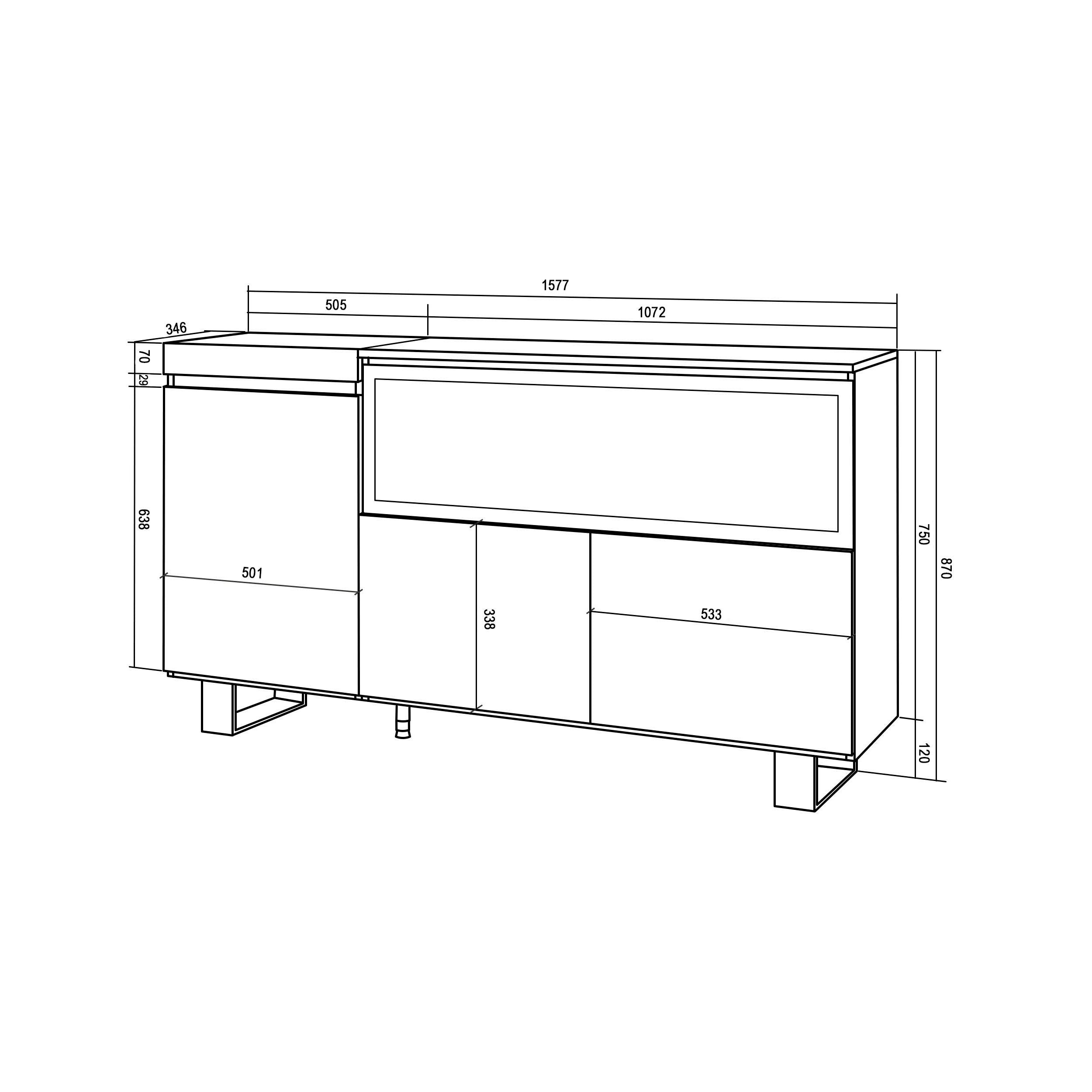 Credenza, Mobile, Cucina, 160, 3 Porte, Camino elettrico XXL, Design industriale, Rovere RF3293