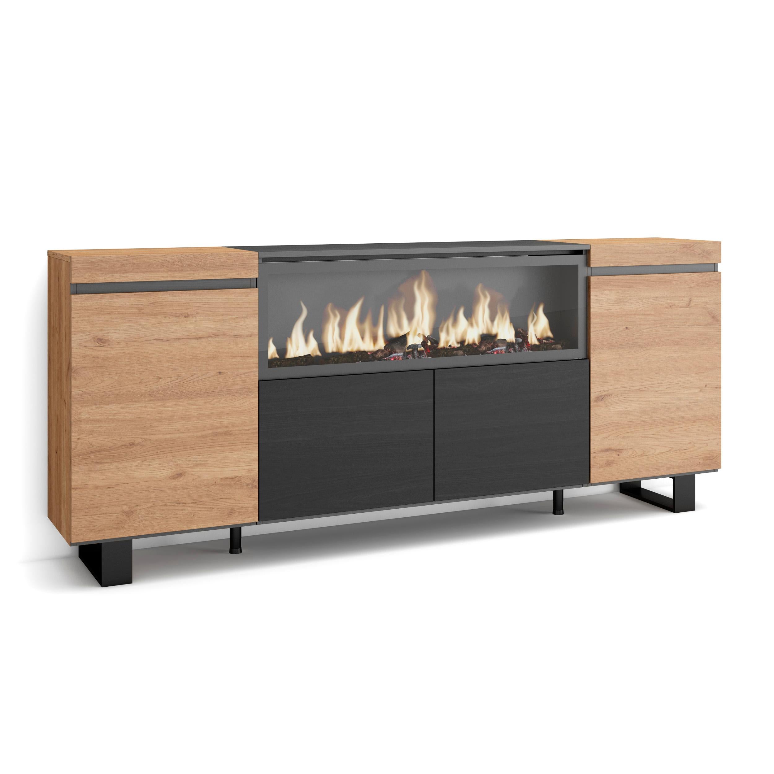 Credenza, Mobile, 208x35x87cm, 4 Porte, Camino elettrico XXL, Design industriale, colore Rovere e nero RF3223