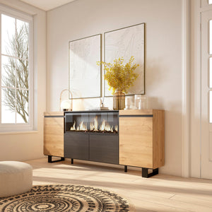 Credenza, Mobile, 208x35x87cm, 4 Porte, Camino elettrico XXL, Design industriale, colore Rovere e nero RF3223