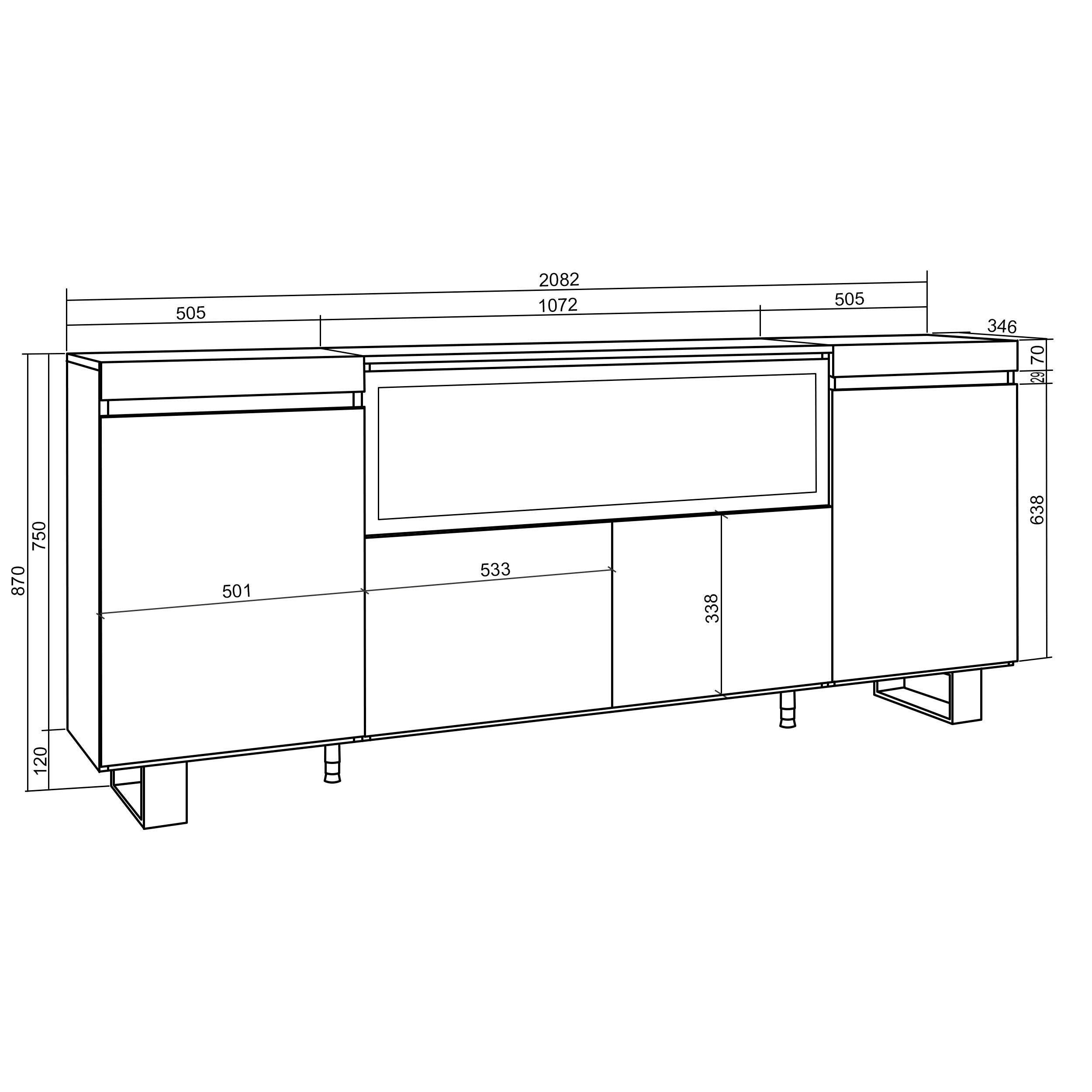 Credenza, Mobile, 208x35x87cm, 4 Porte, Camino elettrico XXL, Design industriale, colore Rovere e nero RF3223