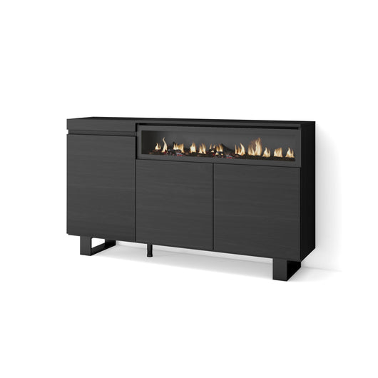 Credenza, Mobile soggiorno 150x87x35cm, 3 Porte, Camino elettrico, Design industriale, Stile moderno, Nero