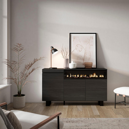 Credenza, Mobile soggiorno 150x87x35cm, 3 Porte, Camino elettrico, Design industriale, Stile moderno, Nero