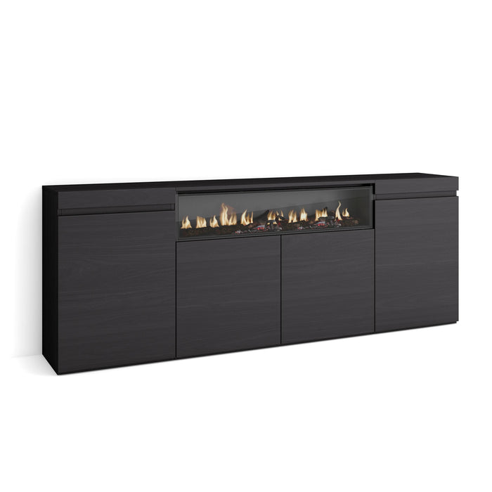 Credenza, Mobile soggiorno 200x75x35cm, 4 Porte, Camino elettrico, Stile moderno, Nero