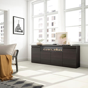 Credenza, Mobile soggiorno 200x75x35cm, 4 Porte, Camino elettrico, Stile moderno, Nero