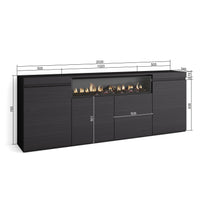 Credenza, Mobile soggiorno 200x75x35cm, 4 Porte, Camino elettrico, Stile moderno, Nero