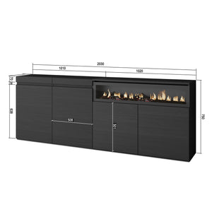 Credenza Mobile Cucina Madia, mobile ingresso, 200x75x35cmcon 4 Porte Camino elettrico, Stile moderno colore Nero