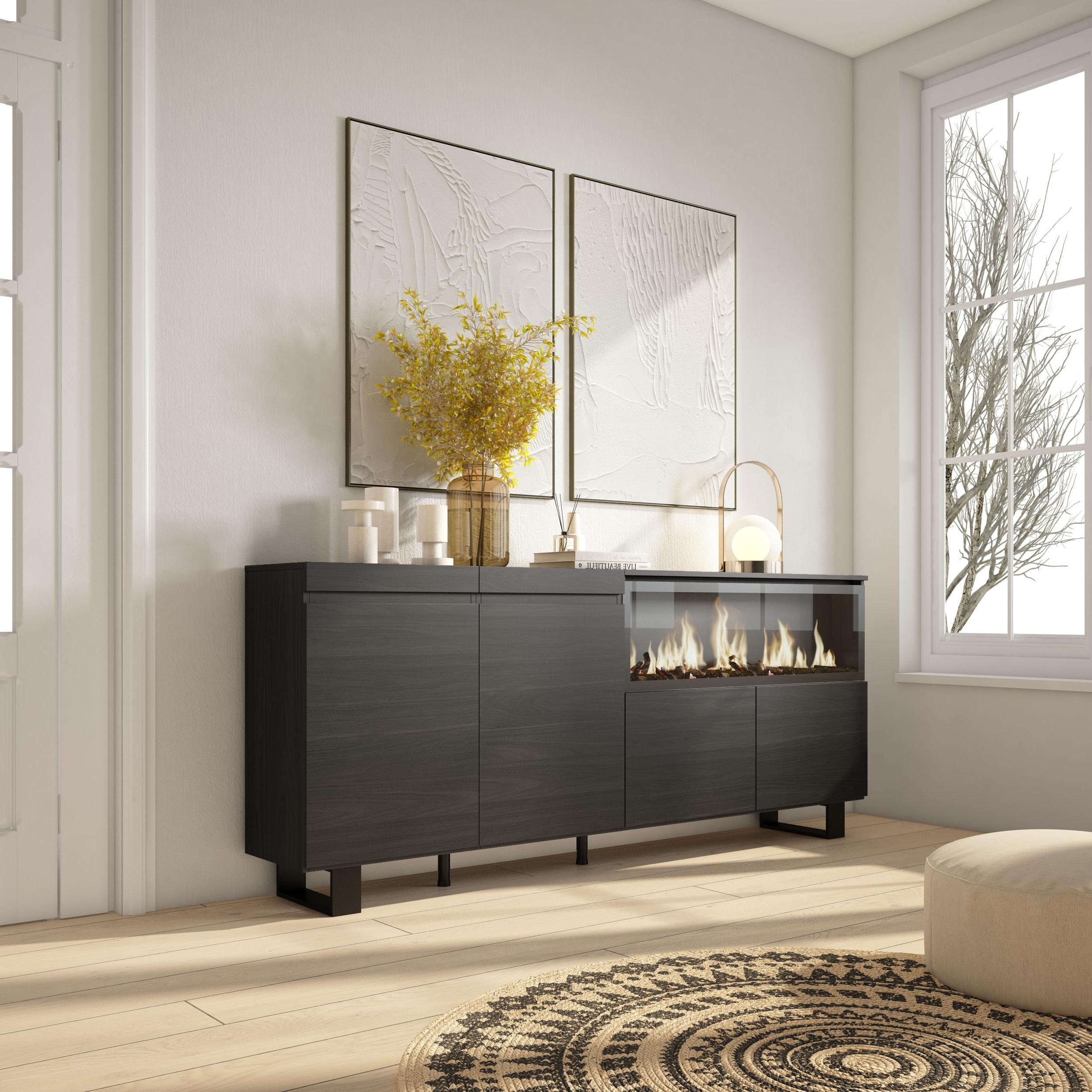 Credenza, Mobile, Cucina, 210, 4 Porte, Camino elettrico XXL, Design industriale, Nero RF3218